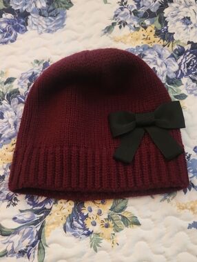 kate spade Burgundy Knit Beanie with Black Bow Accent